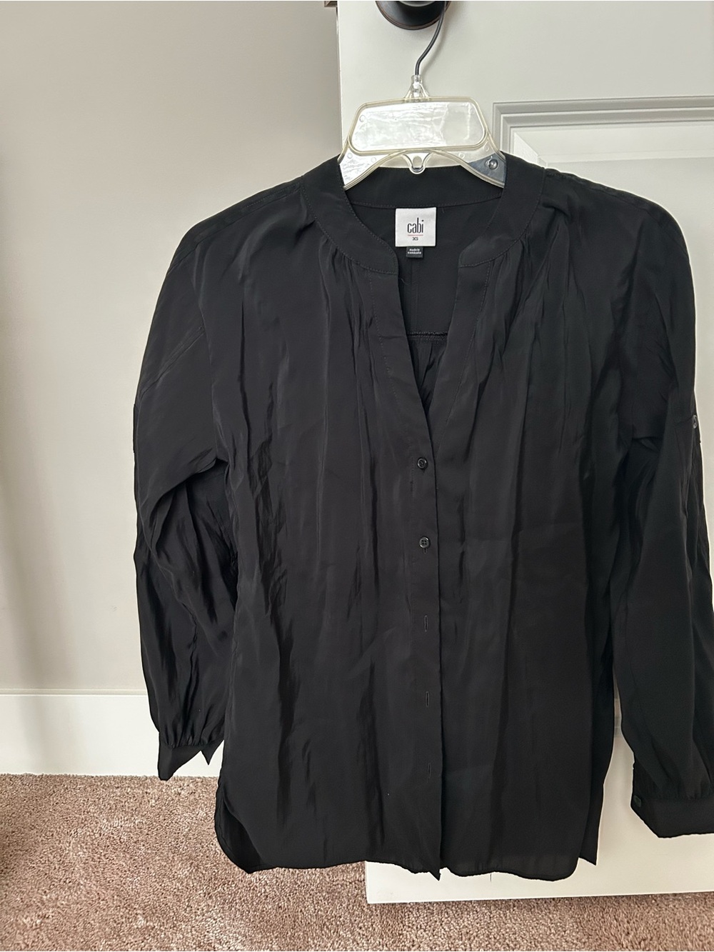 CAbi Black Pleated V-Neck Button Blouse